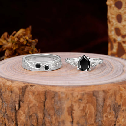 Nature Inspired  Luxurious 4-Prong Pear-Cut Black Onyx Engagement Couple Rings