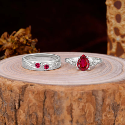 Nature Inspired  Luxurious 4-Prong Pear-Cut Ruby Engagement Couple Rings