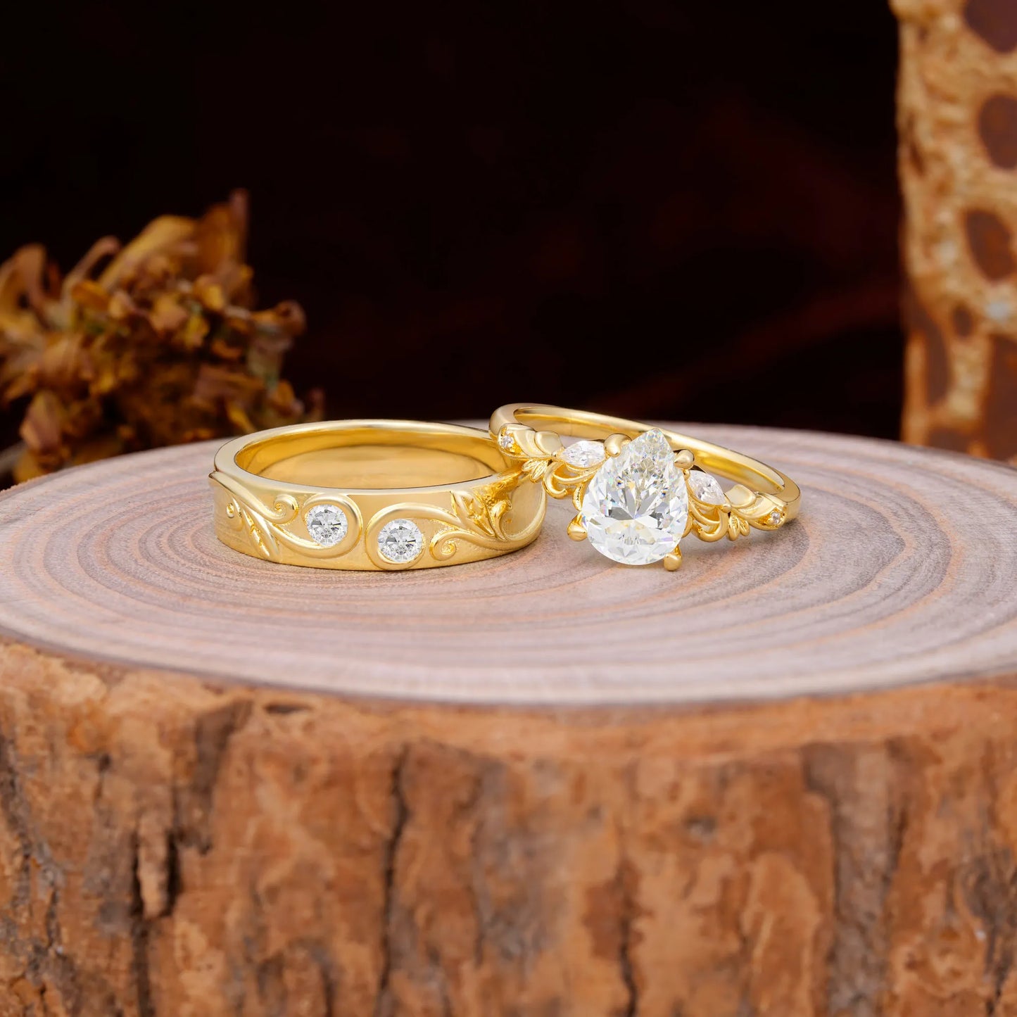 Nature Inspired  Luxurious 4-Prong Pear-Cut Moissanite Engagement Couple Rings