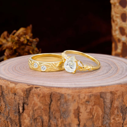 Nature Inspired  Luxurious 4-Prong Pear-Cut Moissanite Engagement Couple Rings