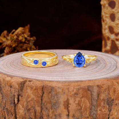 Nature Inspired  Luxurious 4-Prong Pear-Cut Sapphire Engagement Couple Rings