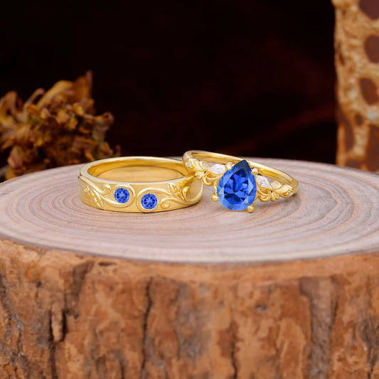Nature Inspired  Luxurious 4-Prong Pear-Cut Sapphire Engagement Couple Rings