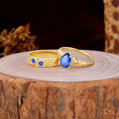 Nature Inspired  Luxurious 4-Prong Pear-Cut Sapphire Engagement Couple Rings