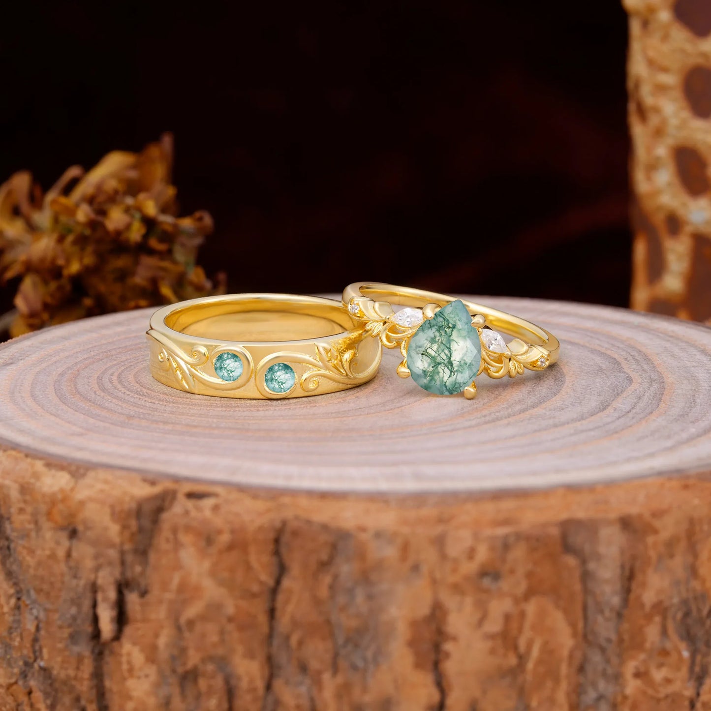 Nature Inspired  Luxurious 4-Prong Pear-Cut Moss Agate Engagement Couple Rings