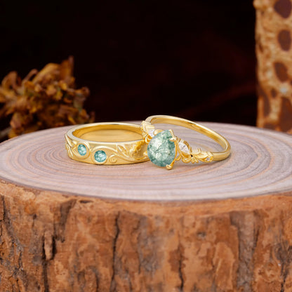 Nature Inspired  Luxurious 4-Prong Pear-Cut Moss Agate Engagement Couple Rings