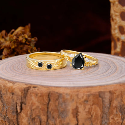 Nature Inspired  Luxurious 4-Prong Pear-Cut Black Onyx Engagement Couple Rings