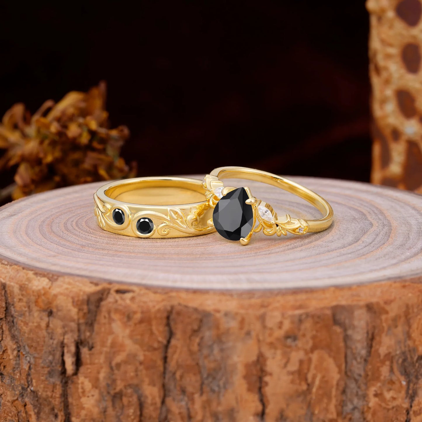 Nature Inspired  Luxurious 4-Prong Pear-Cut Black Onyx Engagement Couple Rings