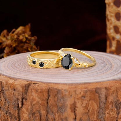 Nature Inspired  Luxurious 4-Prong Pear-Cut Black Onyx Engagement Couple Rings