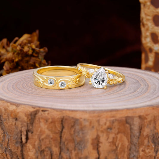 Nature Inspired  Luxurious 4-Prong Pear-Cut  Lab Diamond Engagement Couple Rings