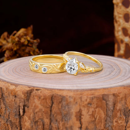 Nature Inspired  Luxurious 4-Prong Pear-Cut  Lab Diamond Engagement Couple Rings