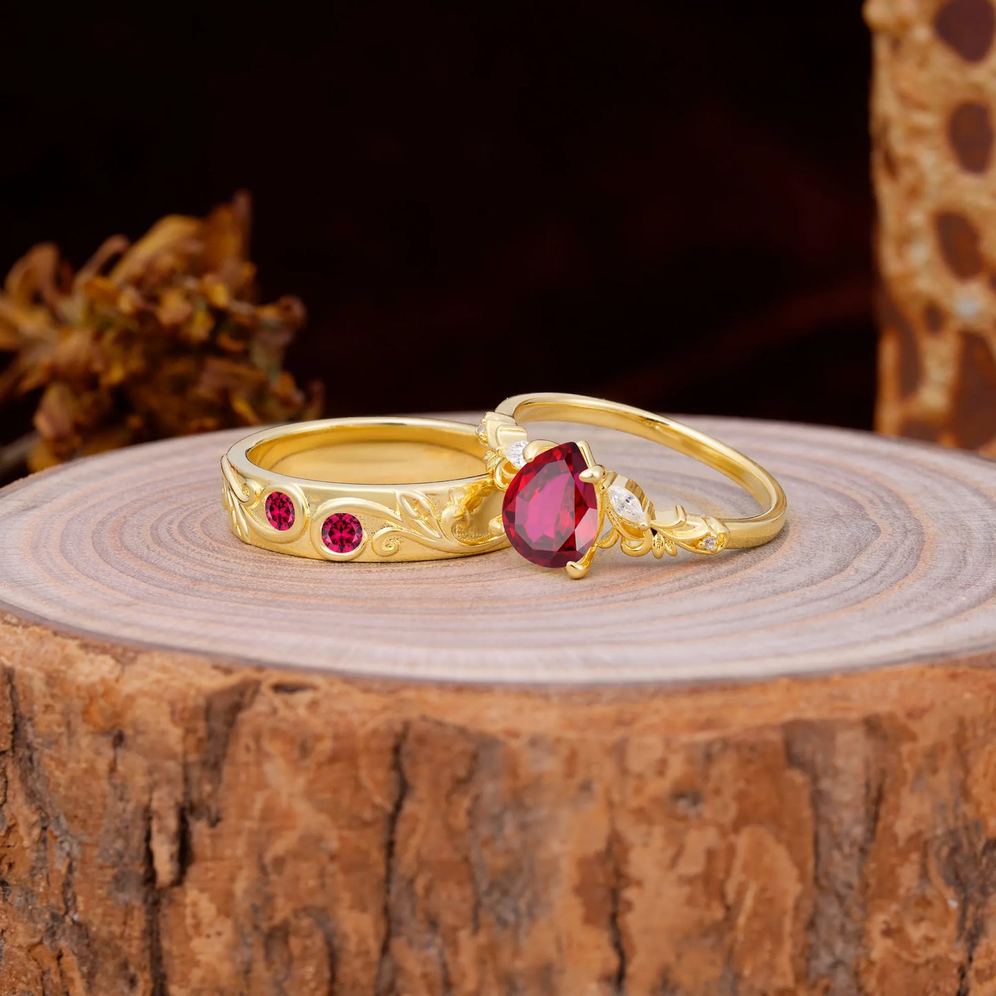 Nature Inspired  Luxurious 4-Prong Pear-Cut Ruby Engagement Couple Rings