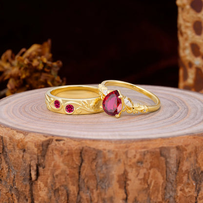 Nature Inspired  Luxurious 4-Prong Pear-Cut Ruby Engagement Couple Rings