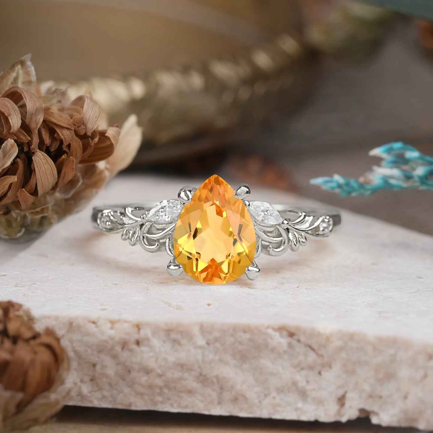 Romantic 4-Prong Pear-Cut Citrine Engagement Ring