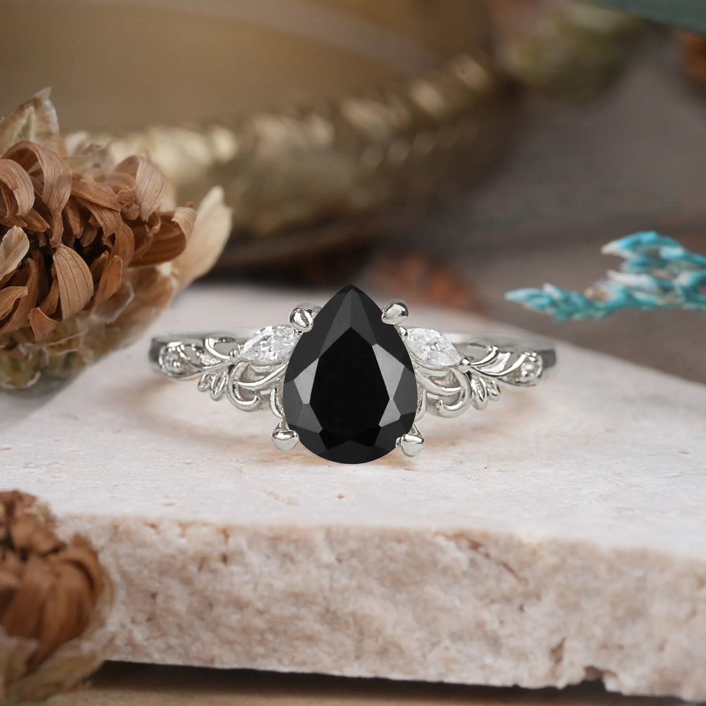 Romantic 4-Prong Pear-Cut Black Onyx Engagement Ring