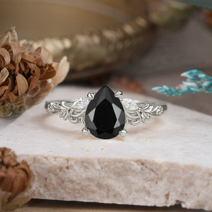 Romantic 4-Prong Pear-Cut Black Onyx Engagement Ring