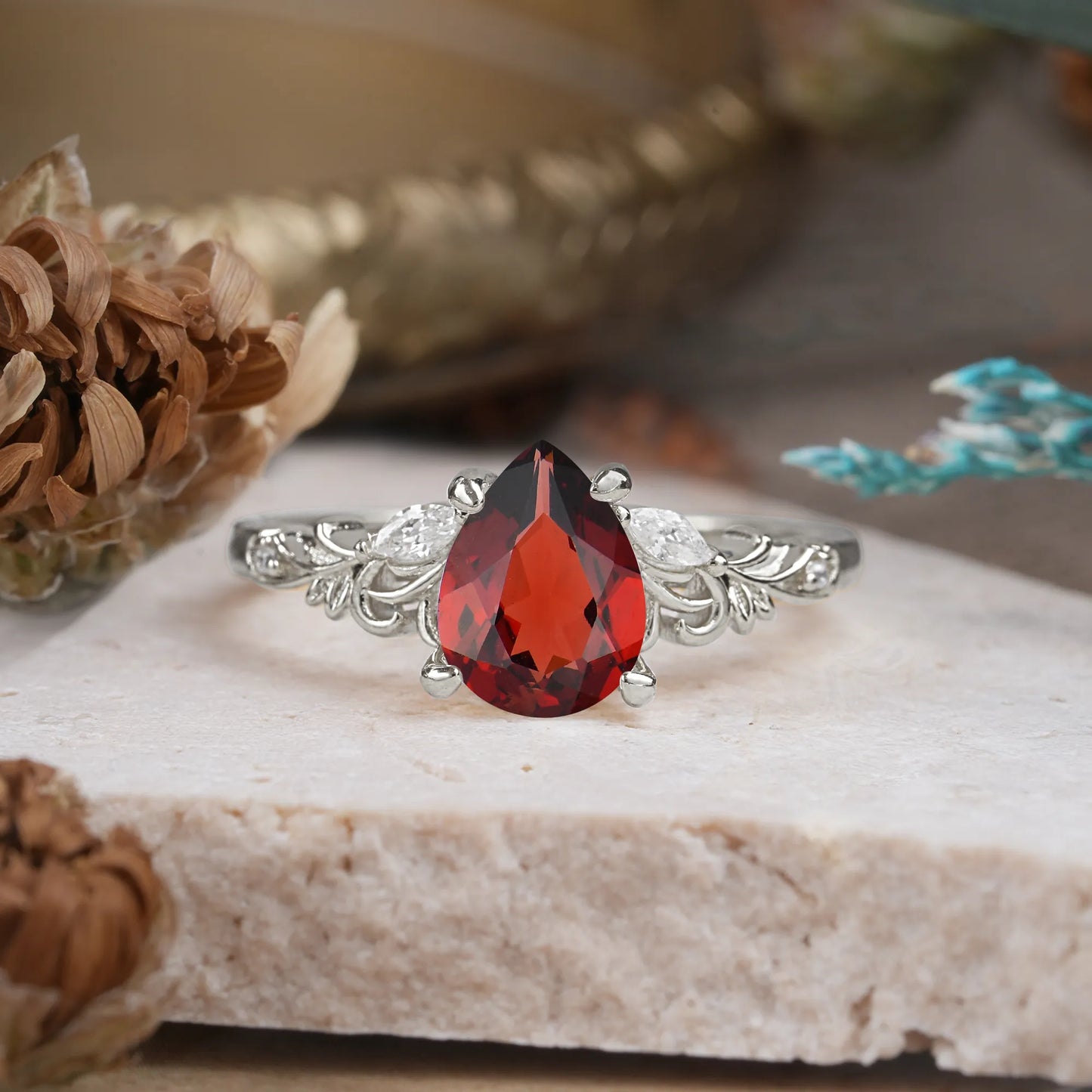 Romantic 4-Prong Pear-Cut Garnet Engagement Ring