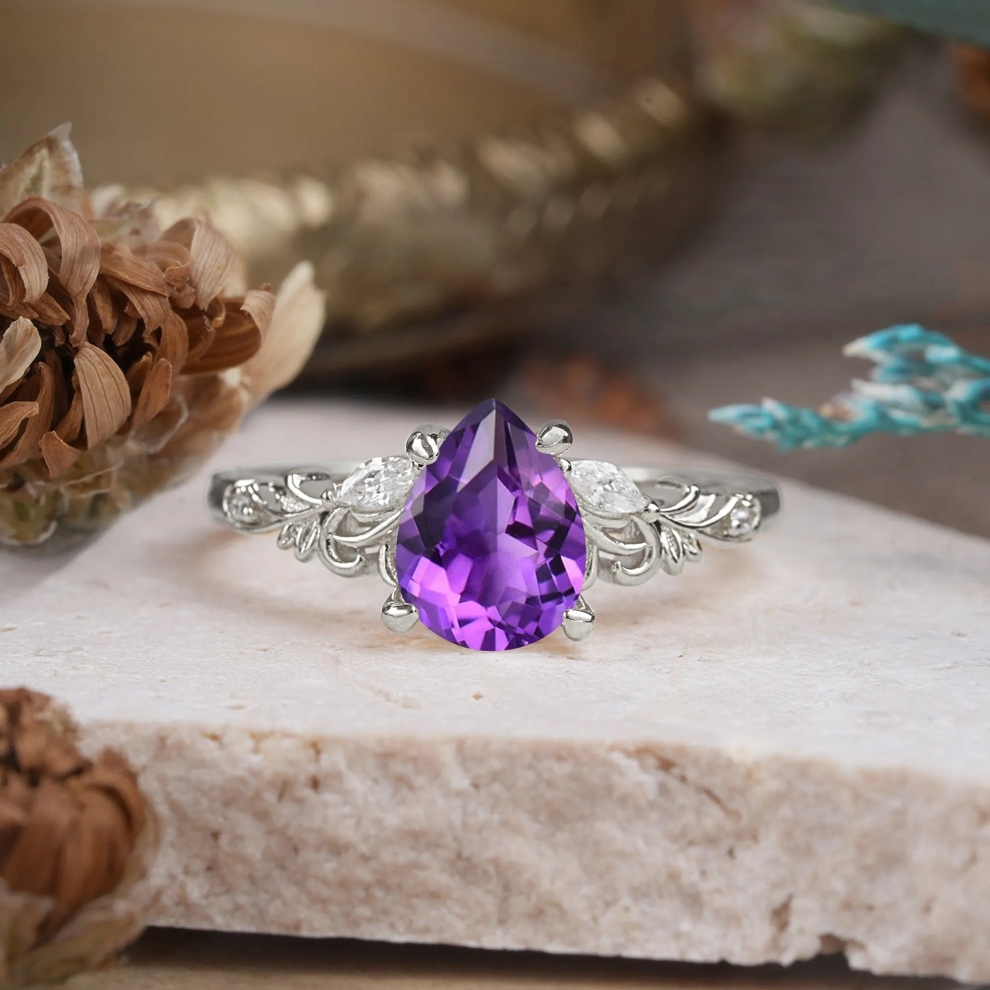 Romantic 4-Prong Pear-Cut Amethyst Engagement Ring
