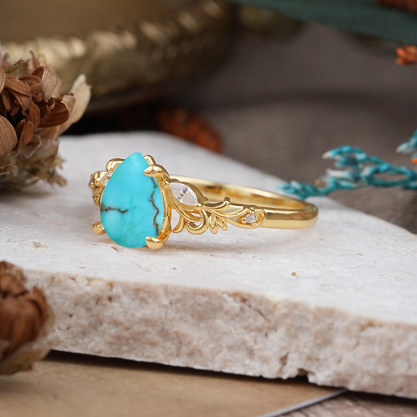 Romantic 4-Prong Pear-Cut Turquoise Engagement Ring