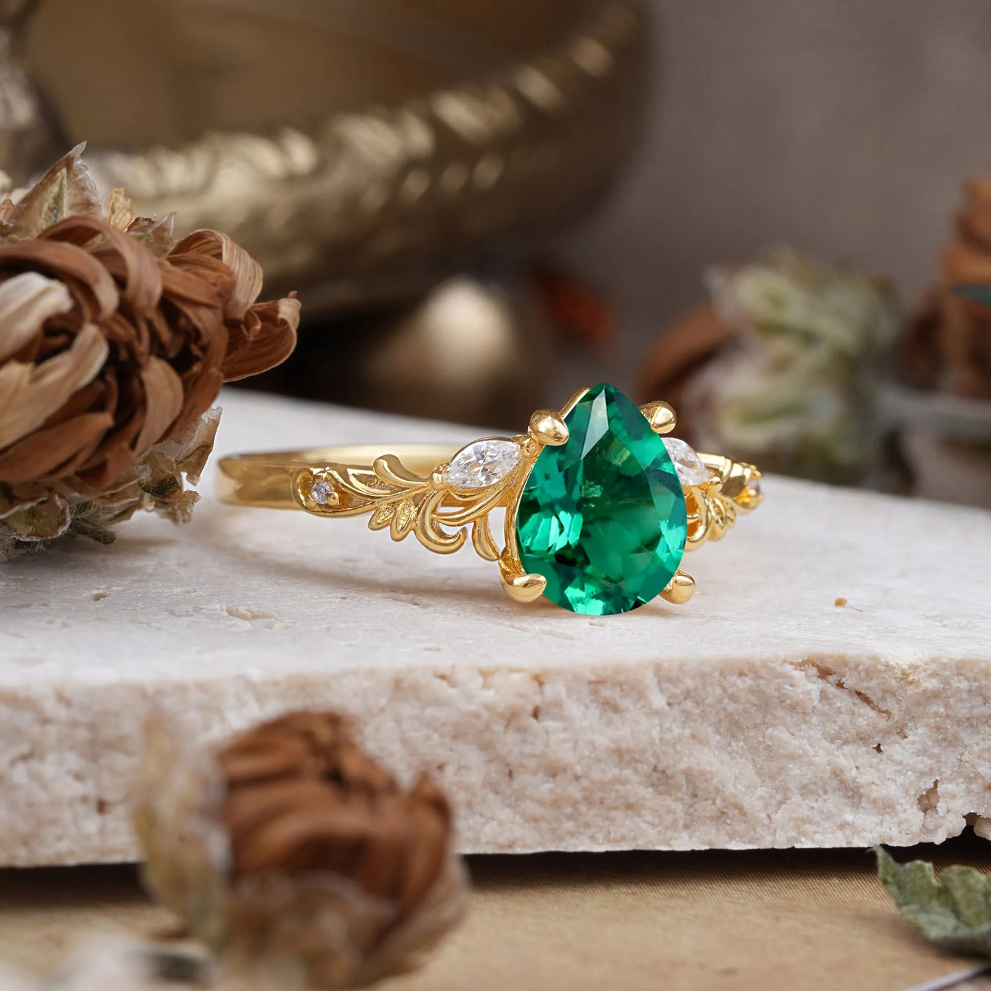 Romantic 4-Prong Pear-Cut Emerald Engagement Ring