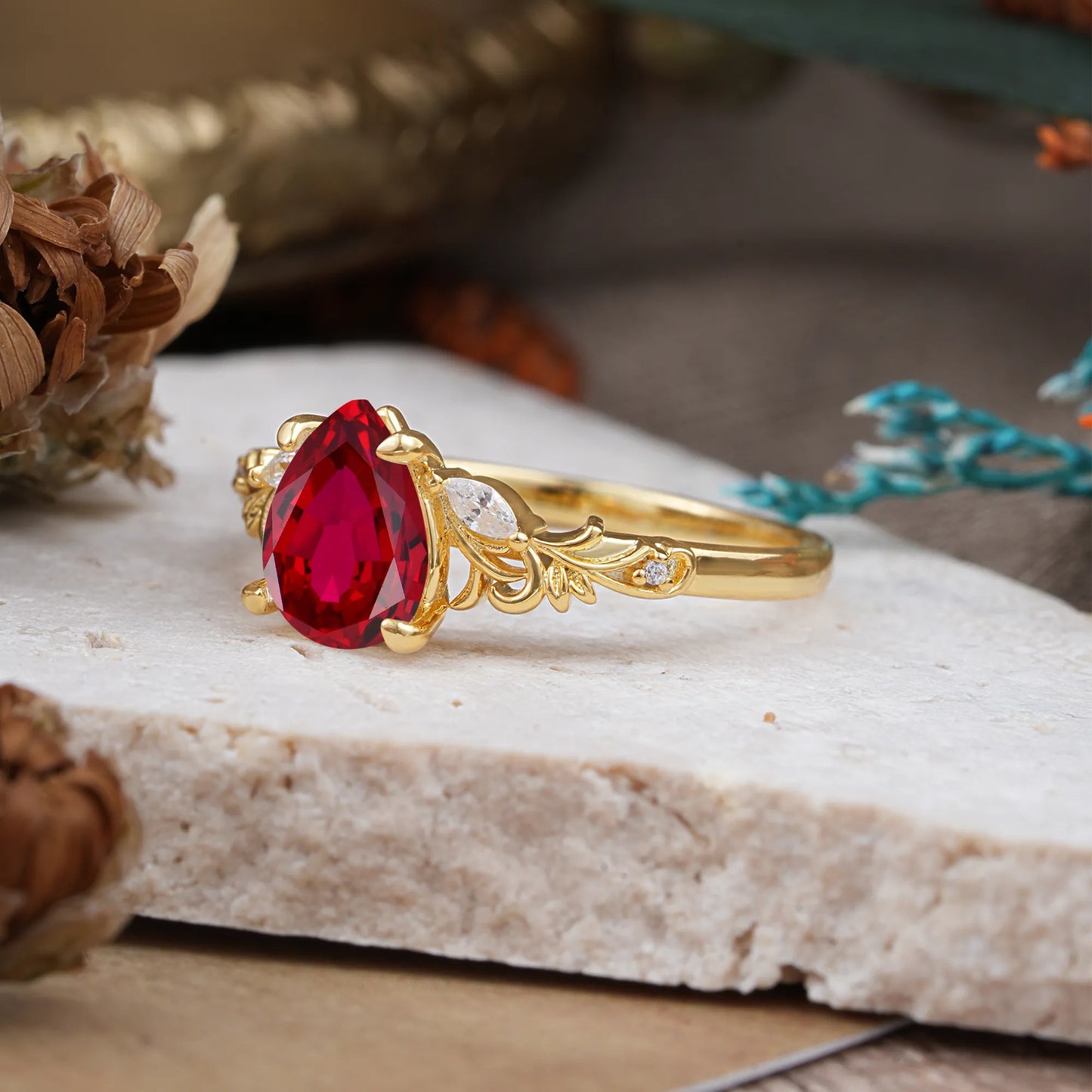 Romantic 4-Prong Pear-Cut Ruby Engagement Ring