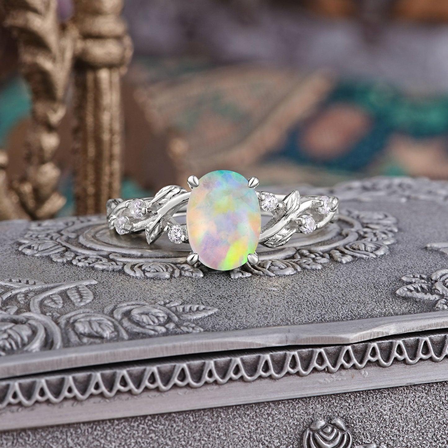 Boho 4 Prong Oval Opal Engagement Ring