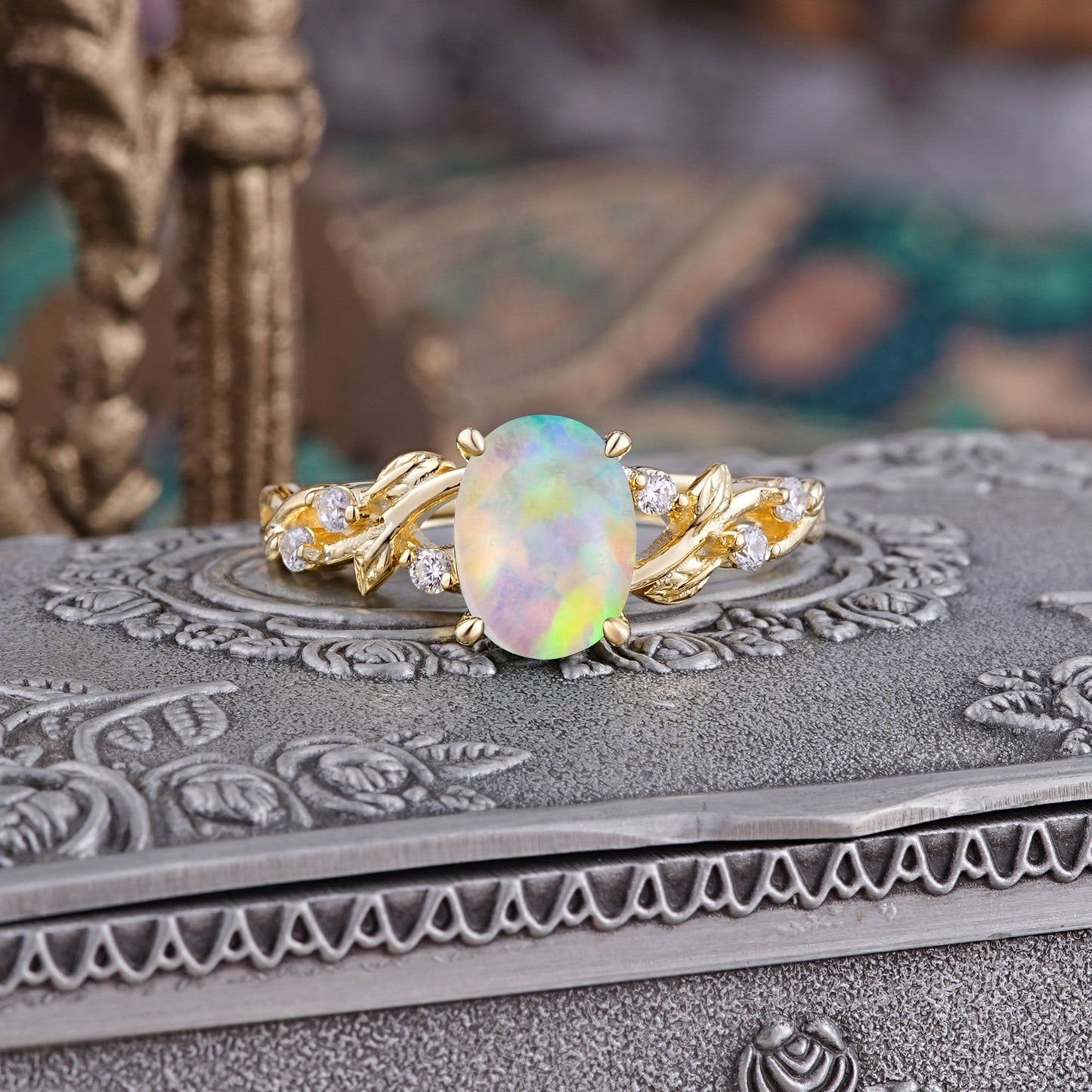 Boho 4 Prong Oval Opal Engagement Ring