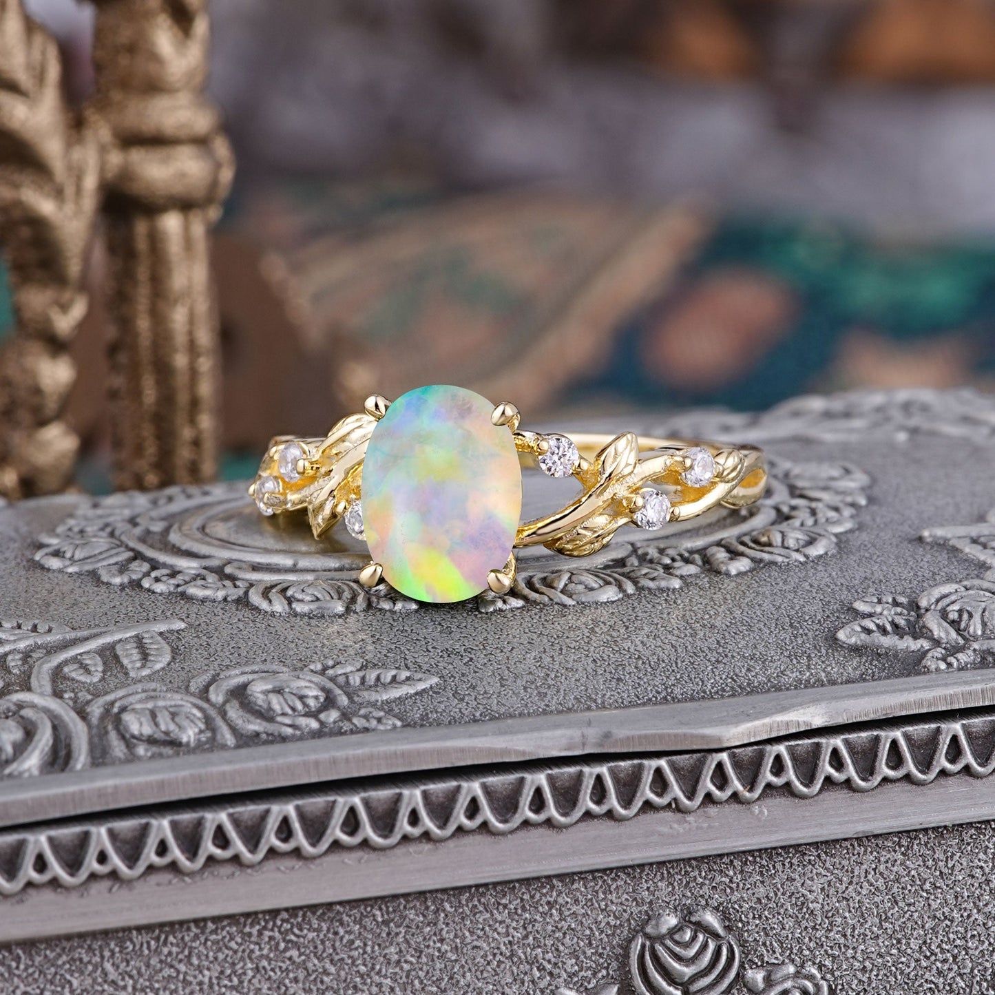 Boho 4 Prong Oval Opal Engagement Ring