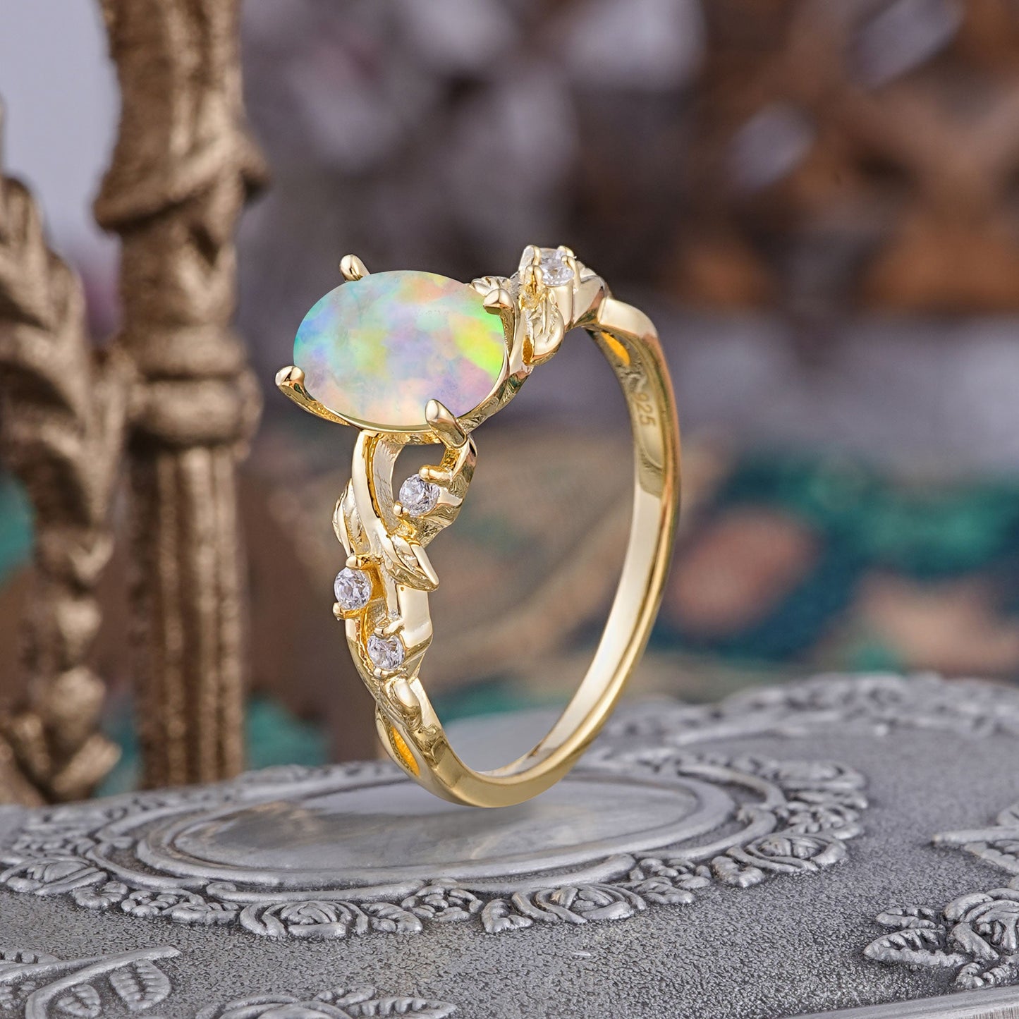 Boho 4 Prong Oval Opal Engagement Ring