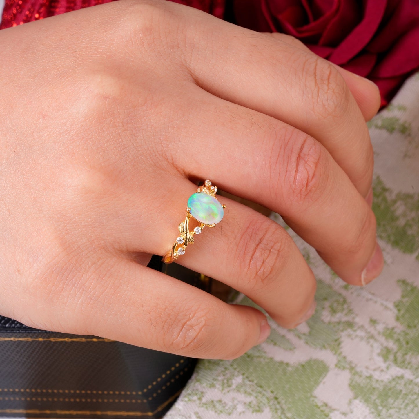 Boho 4 Prong Oval Opal Engagement Ring