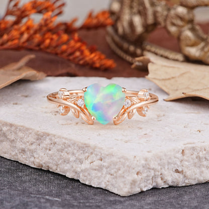 Nature Inspired 4 Prong Heart Shaped Opal Engagement Ring