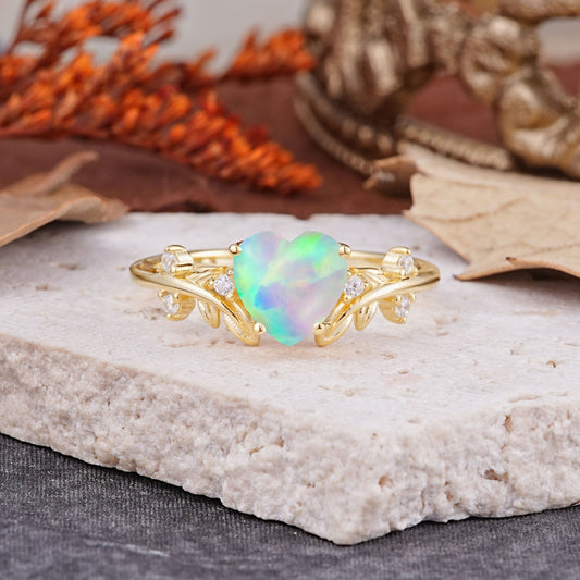 Nature Inspired 4 Prong Heart Shaped Opal Engagement Ring