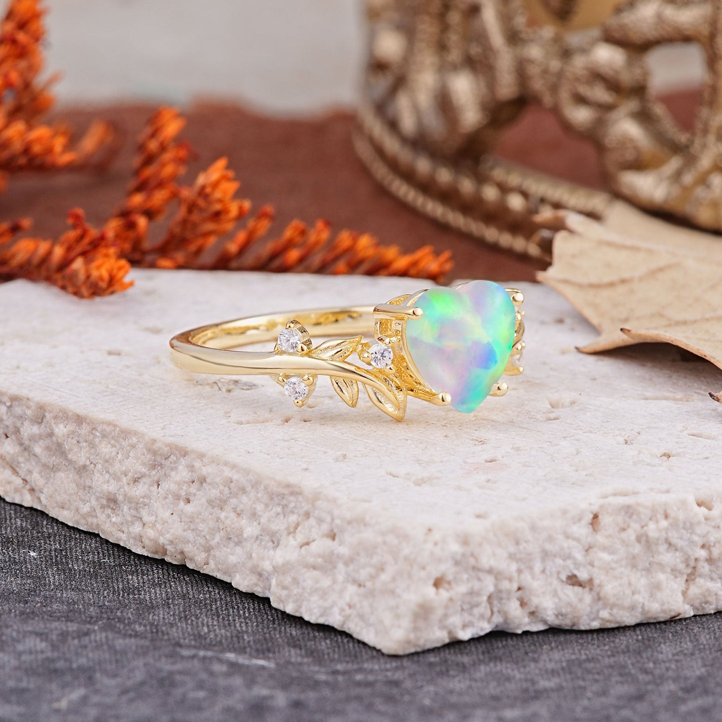 Nature Inspired 4 Prong Heart Shaped Opal Engagement Ring