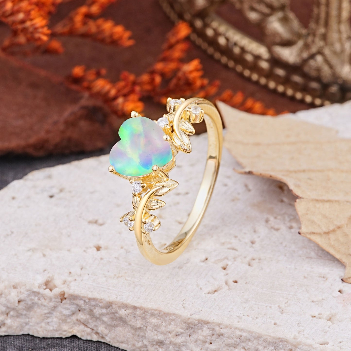 Nature Inspired 4 Prong Heart Shaped Opal Engagement Ring