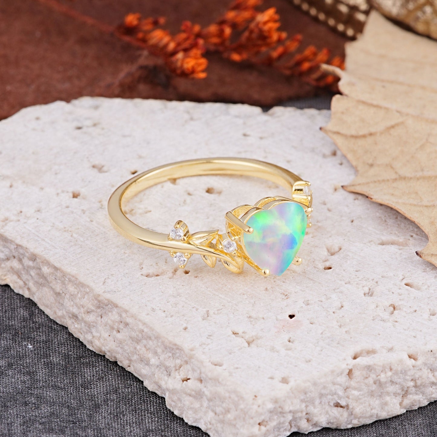 Nature Inspired 4 Prong Heart Shaped Opal Engagement Ring