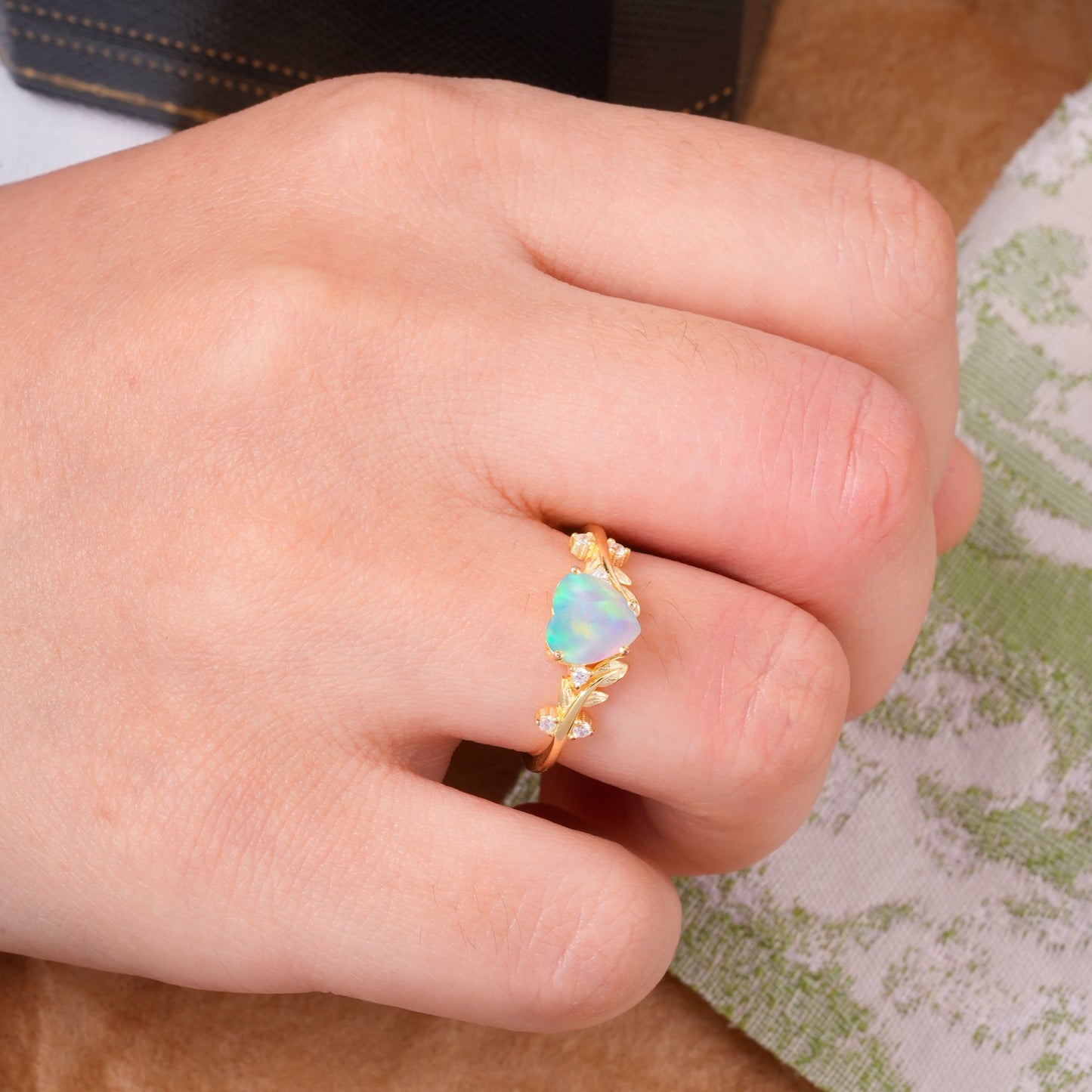 Nature Inspired 4 Prong Heart Shaped Opal Engagement Ring
