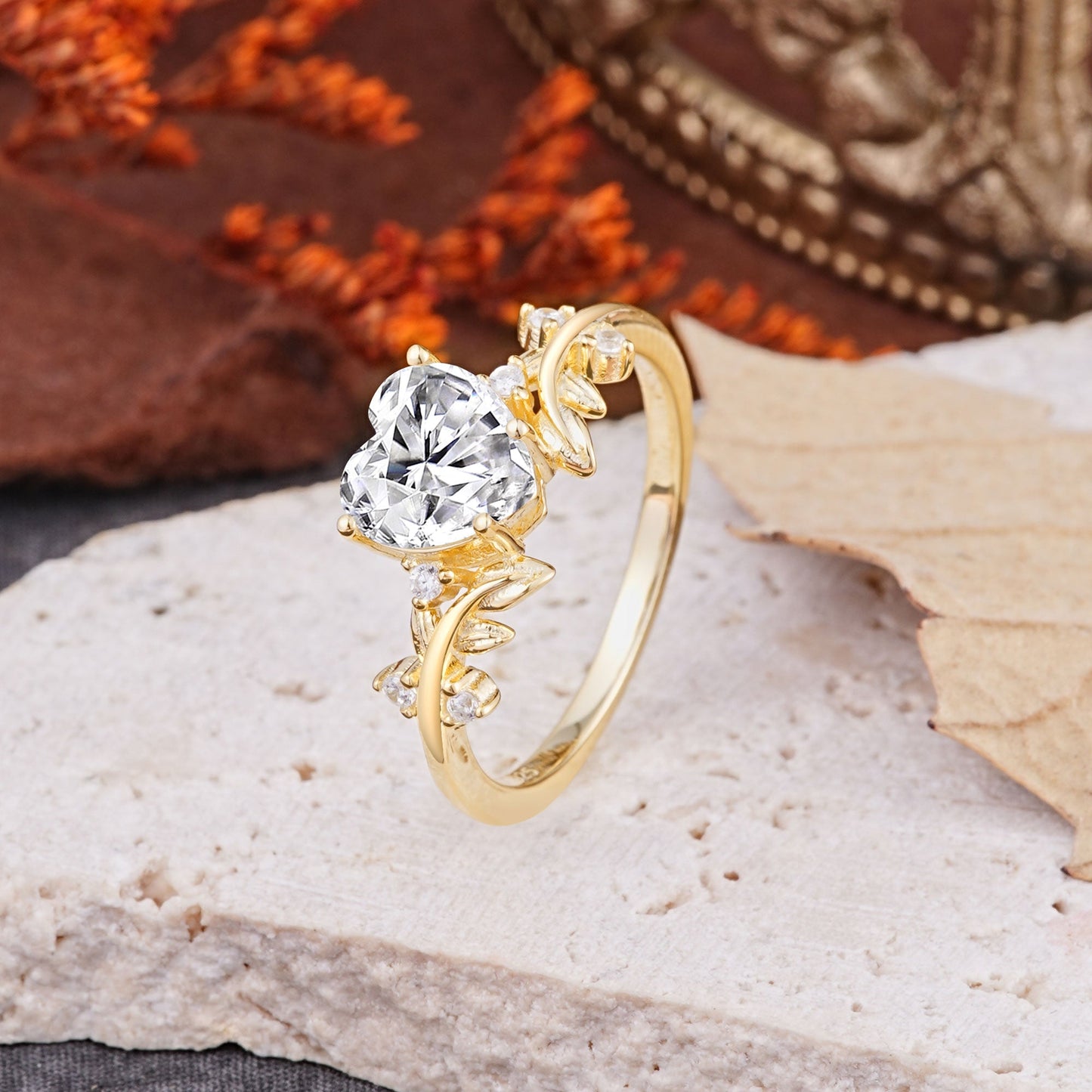 Nature Inspired 4 Prong Heart Shaped Lab Diamond Engagement Ring