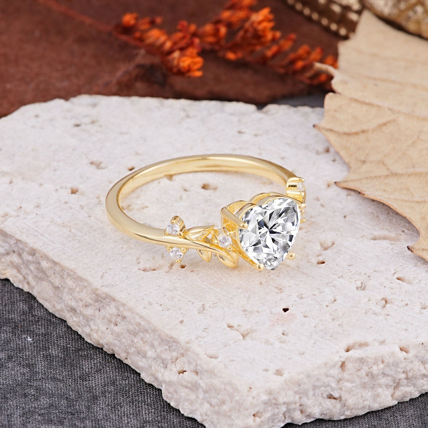 Nature Inspired 4 Prong Heart Shaped Lab Diamond Engagement Ring