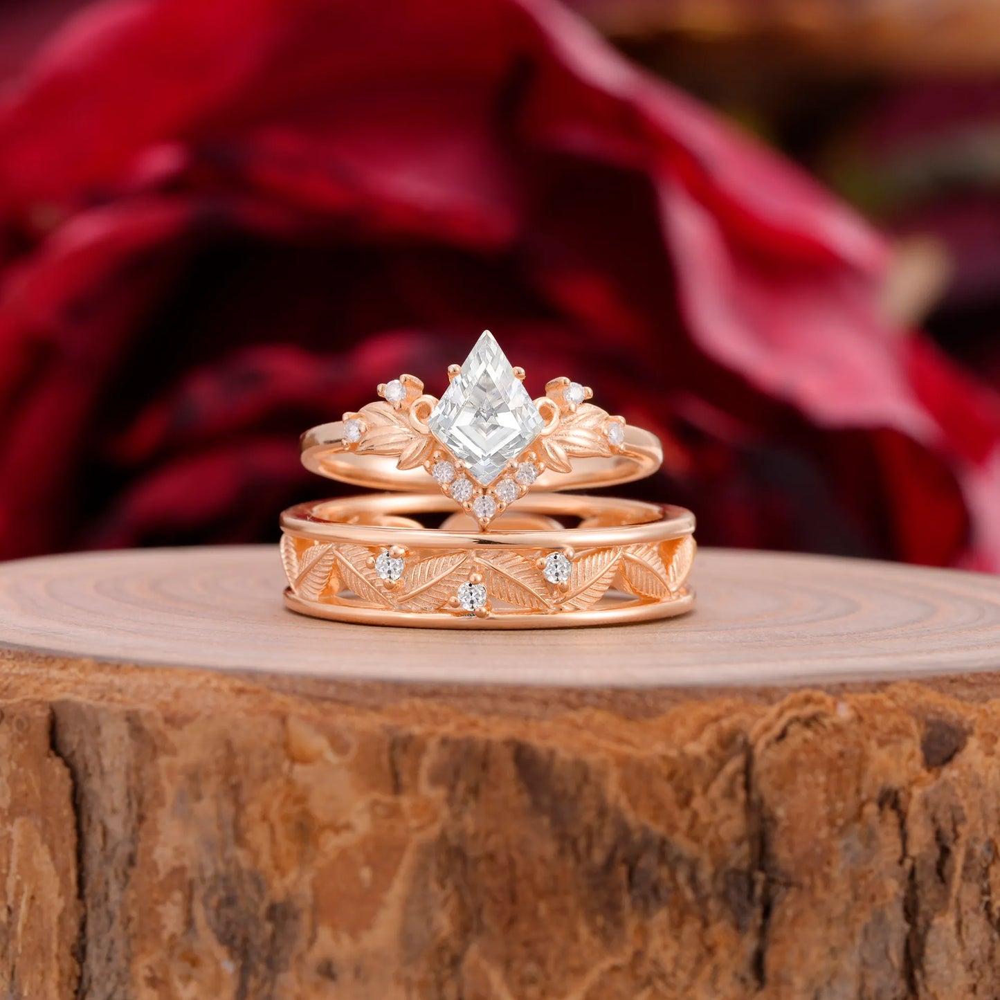 Nature-Inspired  4-Prong Kite-Cut Moissanite Engagement Couple Rings