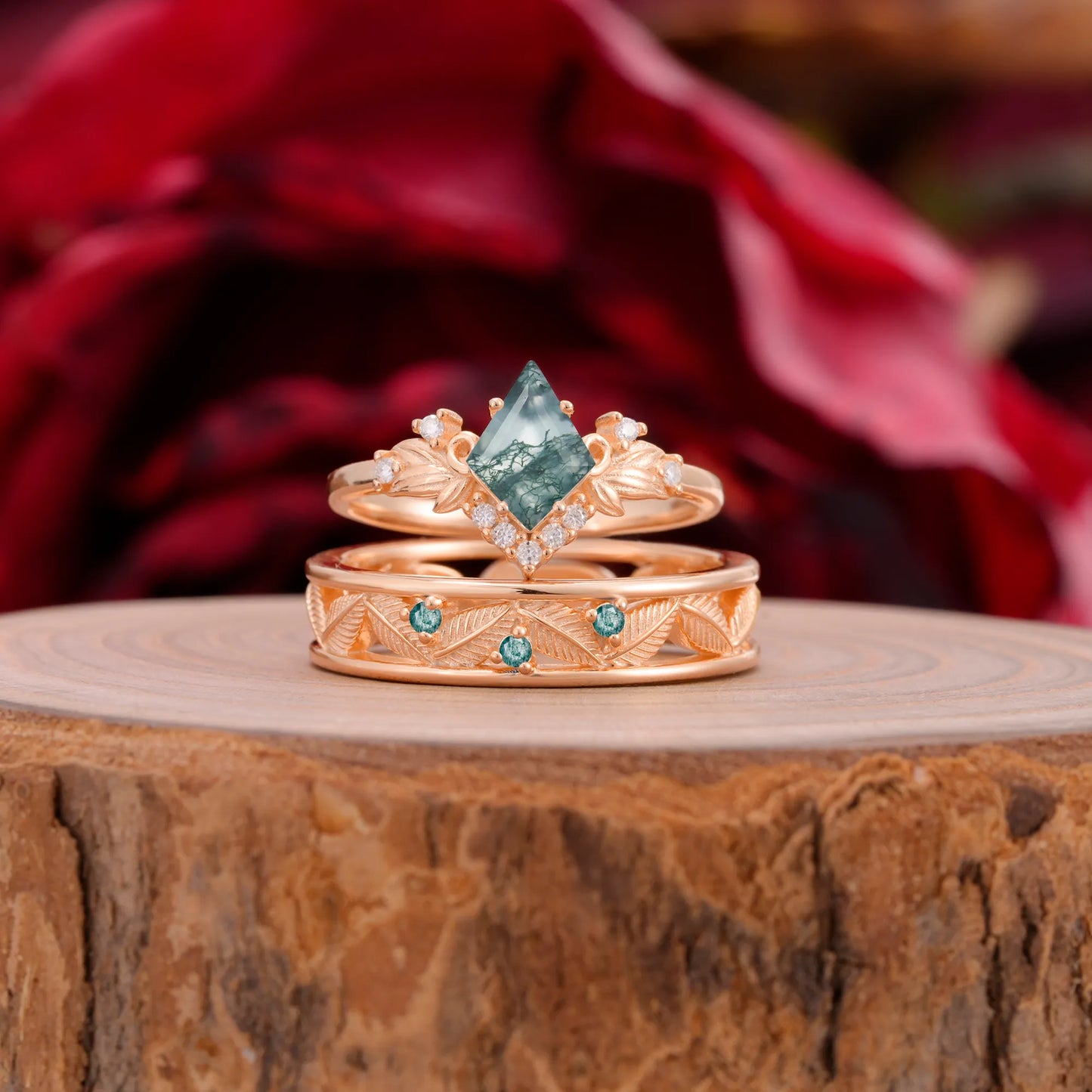 Nature-Inspired 4-Prong Kite-Cut Moss Agate Engagement Couple Rings