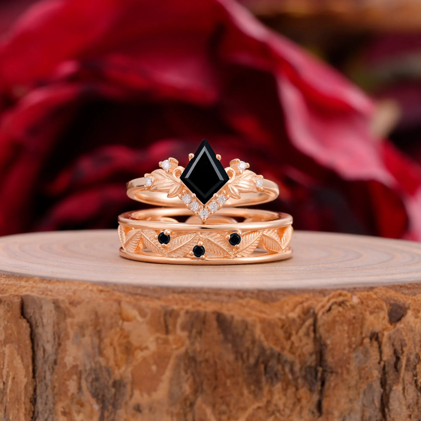 Nature-Inspired 4-Prong Kite-Cut Black Onyx Engagement Couple Rings