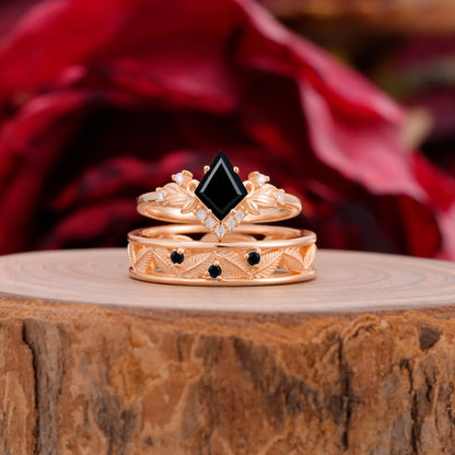 Nature-Inspired 4-Prong Kite-Cut Black Onyx Engagement Couple Rings