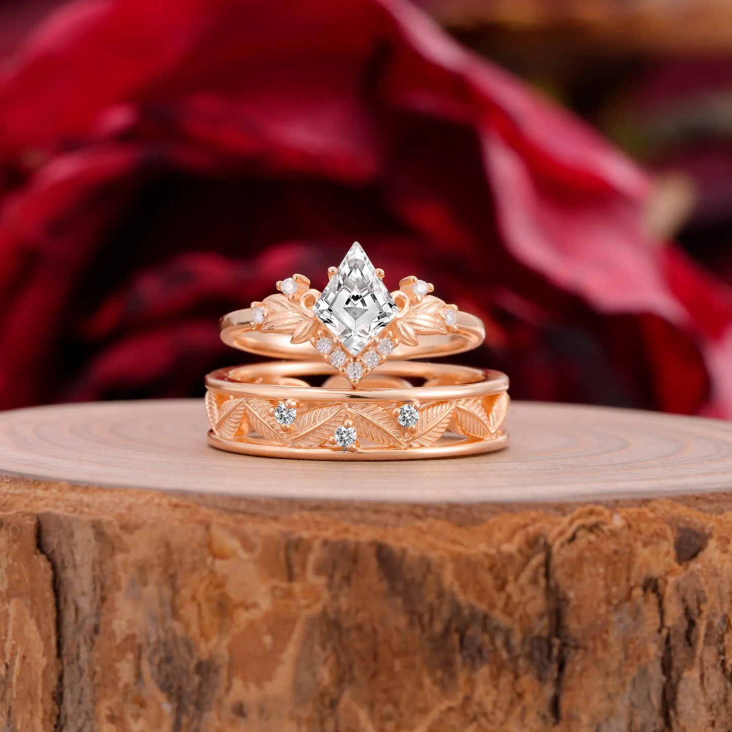 Nature-Inspired 4-Prong Kite-Cut Lab Diamond Engagement Couple Rings