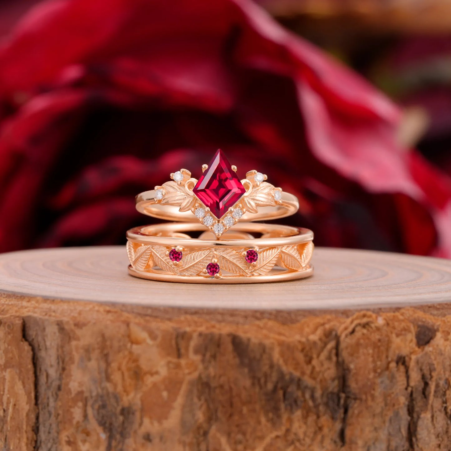Nature-Inspired  4-Prong Kite-Cut Ruby Engagement Couple Rings