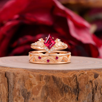 Nature-Inspired  4-Prong Kite-Cut Ruby Engagement Couple Rings