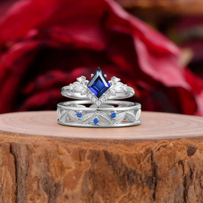 Nature-Inspired 4-Prong Kite-Cut Sapphire Engagement Couple Rings