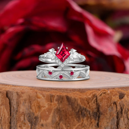 Nature-Inspired  4-Prong Kite-Cut Ruby Engagement Couple Rings