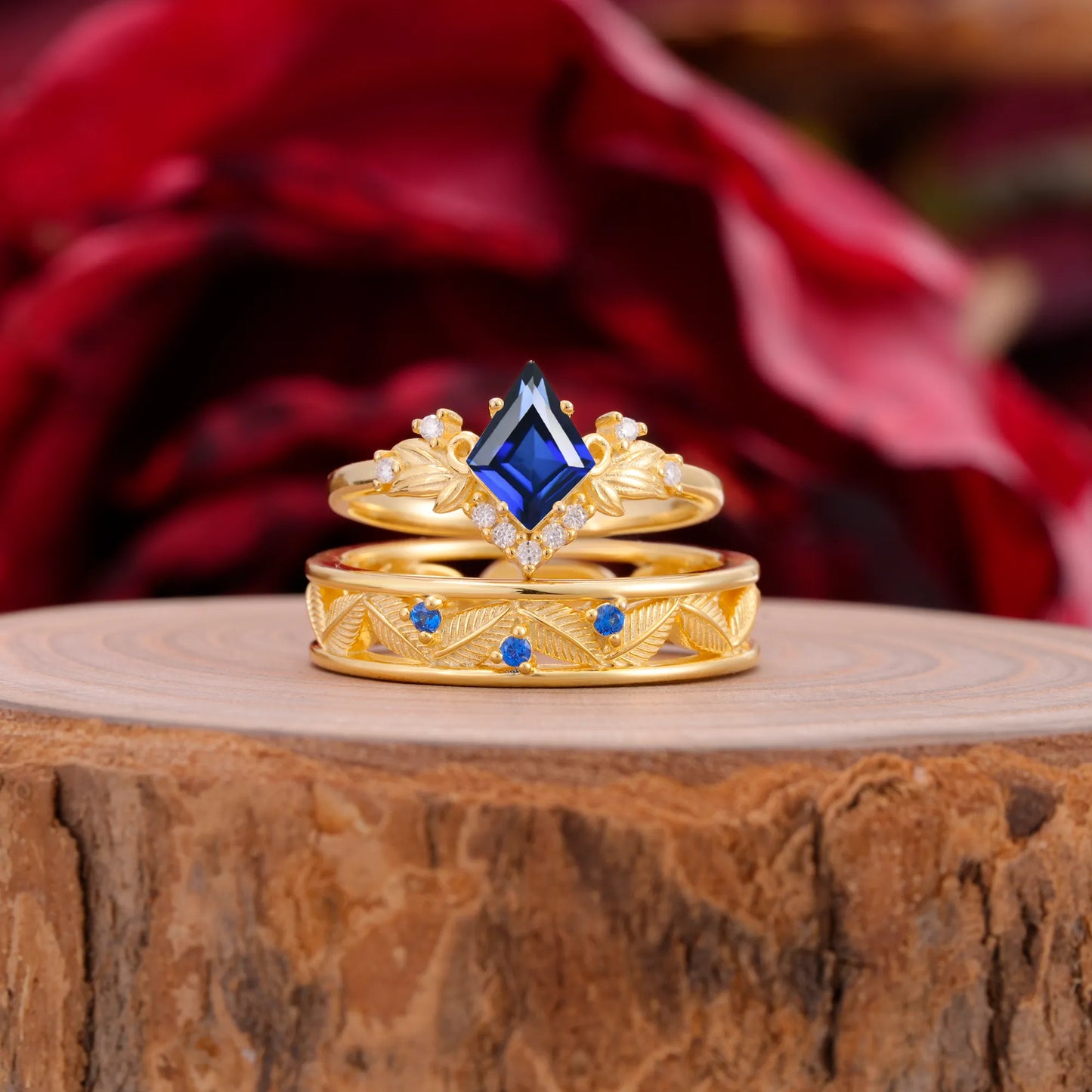 Nature-Inspired 4-Prong Kite-Cut Sapphire Engagement Couple Rings