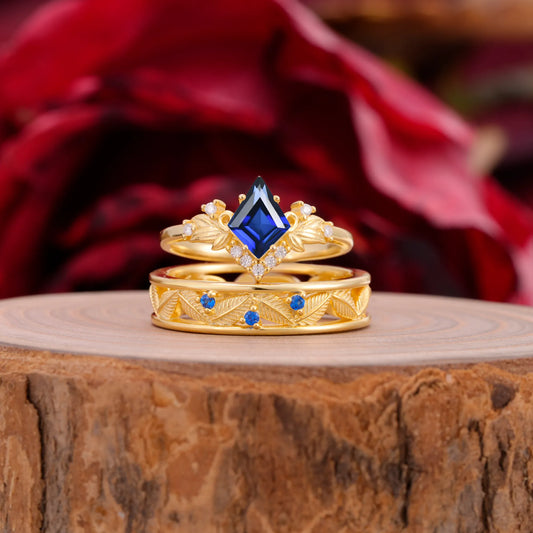 Nature-Inspired 4-Prong Kite-Cut Sapphire Engagement Couple Rings