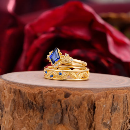 Nature-Inspired 4-Prong Kite-Cut Sapphire Engagement Couple Rings