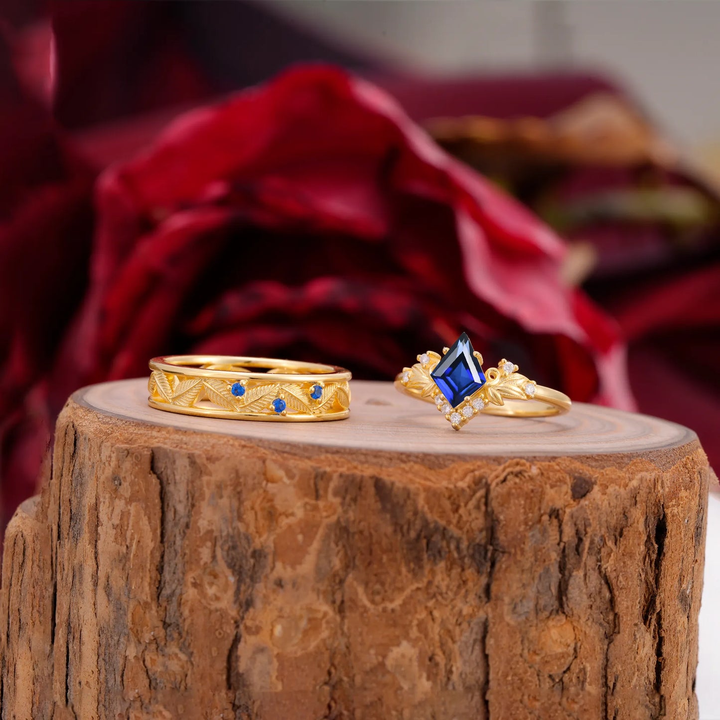 Nature-Inspired 4-Prong Kite-Cut Sapphire Engagement Couple Rings